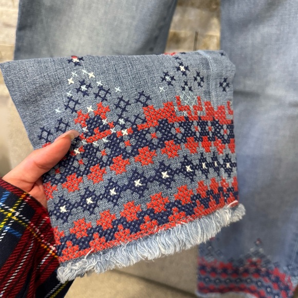 Tory Burch Myers Cropped Ankle Denim Jeans | Fray Hem | Embroidered | Size 28 - Picture 5 of 12